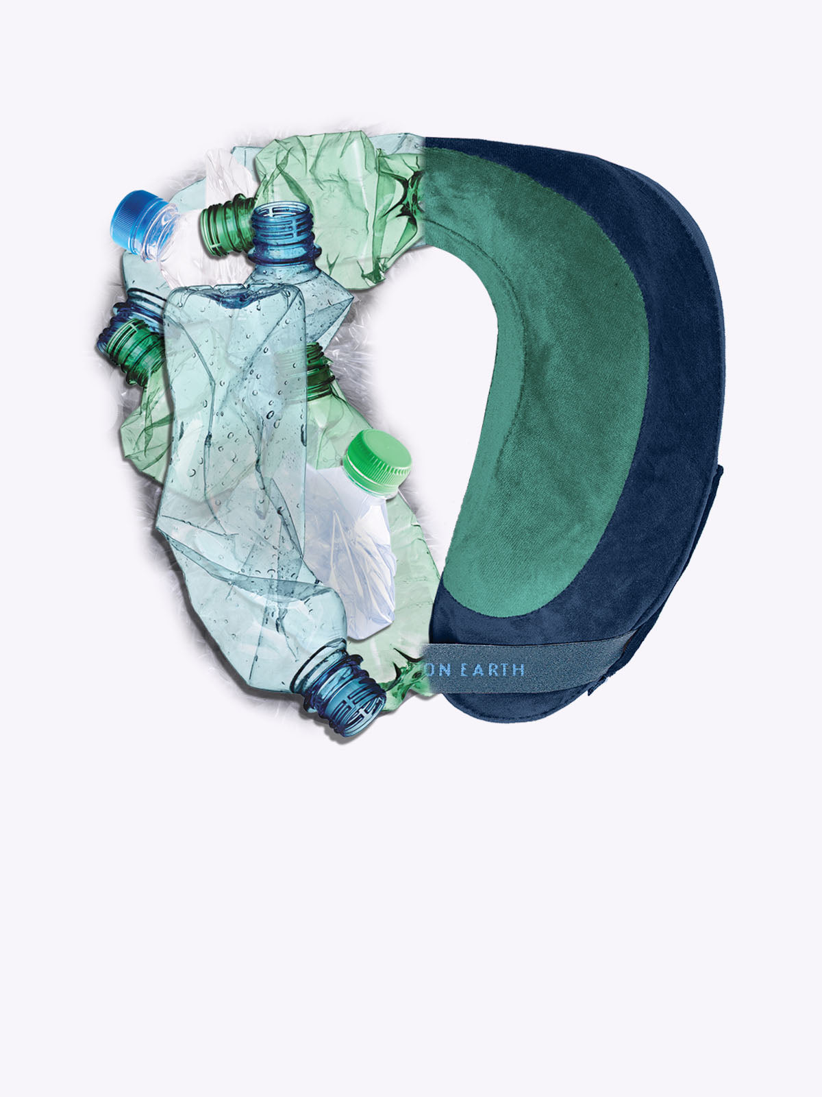 Green neck pillow made from recycled plastic bottles on a white background