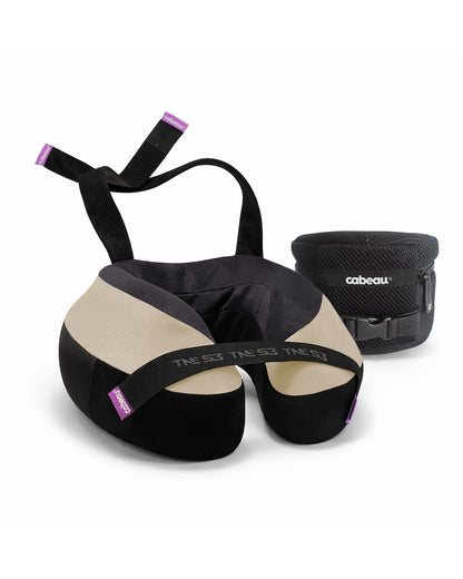 Black and tan travel neck pillow with a deluxe travel carrying case
