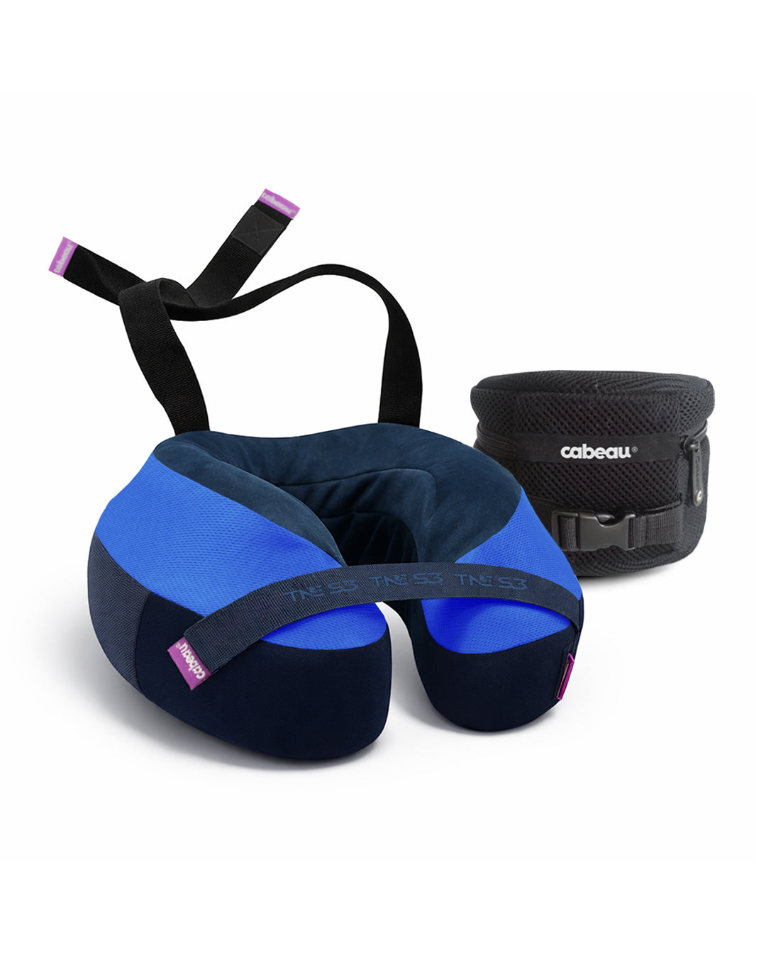 Black and blue travel neck pillow with a deluxe travel carrying case