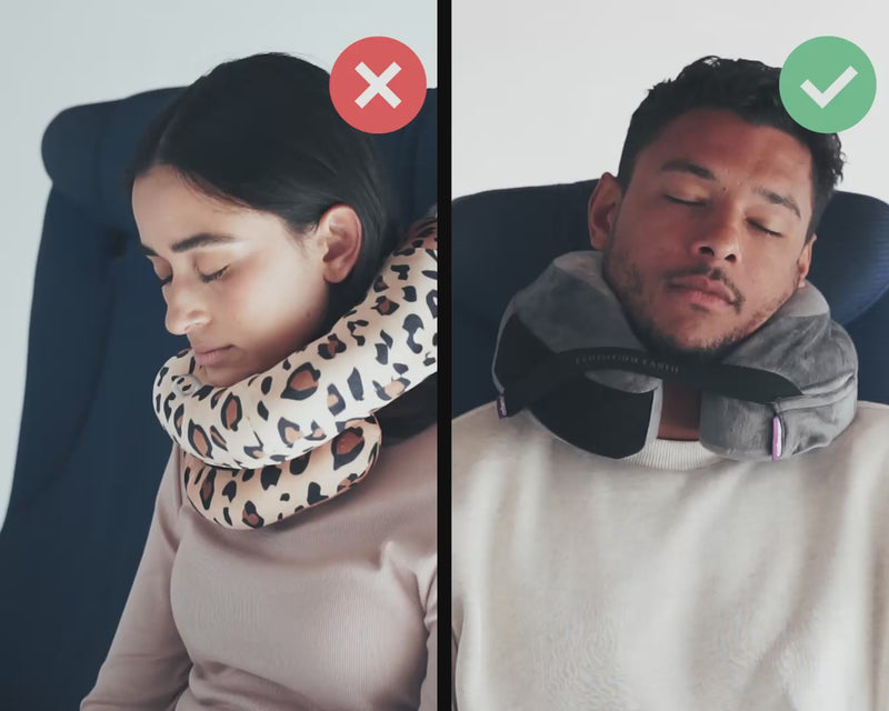 Cabeau's sustainable Evolution Earth Deluxe pillow showing a passenger comfortably in an airplane seat,  in contrast to competitor pillows with lack of support