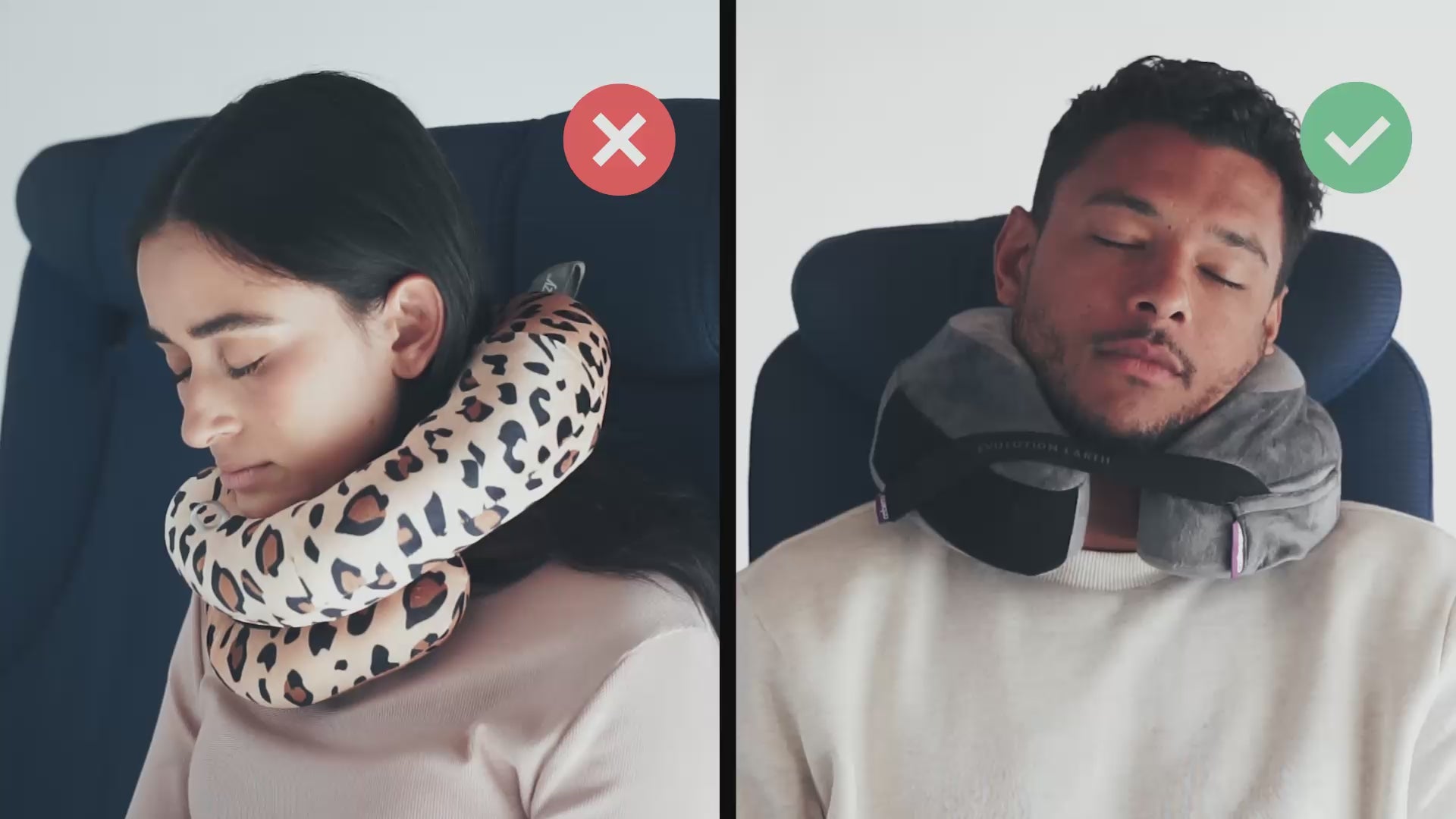 Charger la vidéo: Cabeau's sustainable Evolution Earth Deluxe pillow showing a passenger comfortably in an airplane seat,  in contrast to competitor pillows with lack of support