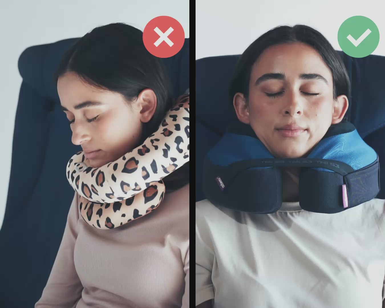 Charger la vidéo: Cabeau's TNE S3 pillow showing a passenger comfortably in an airplane seat,  in contrast to competitor pillows with lack of support