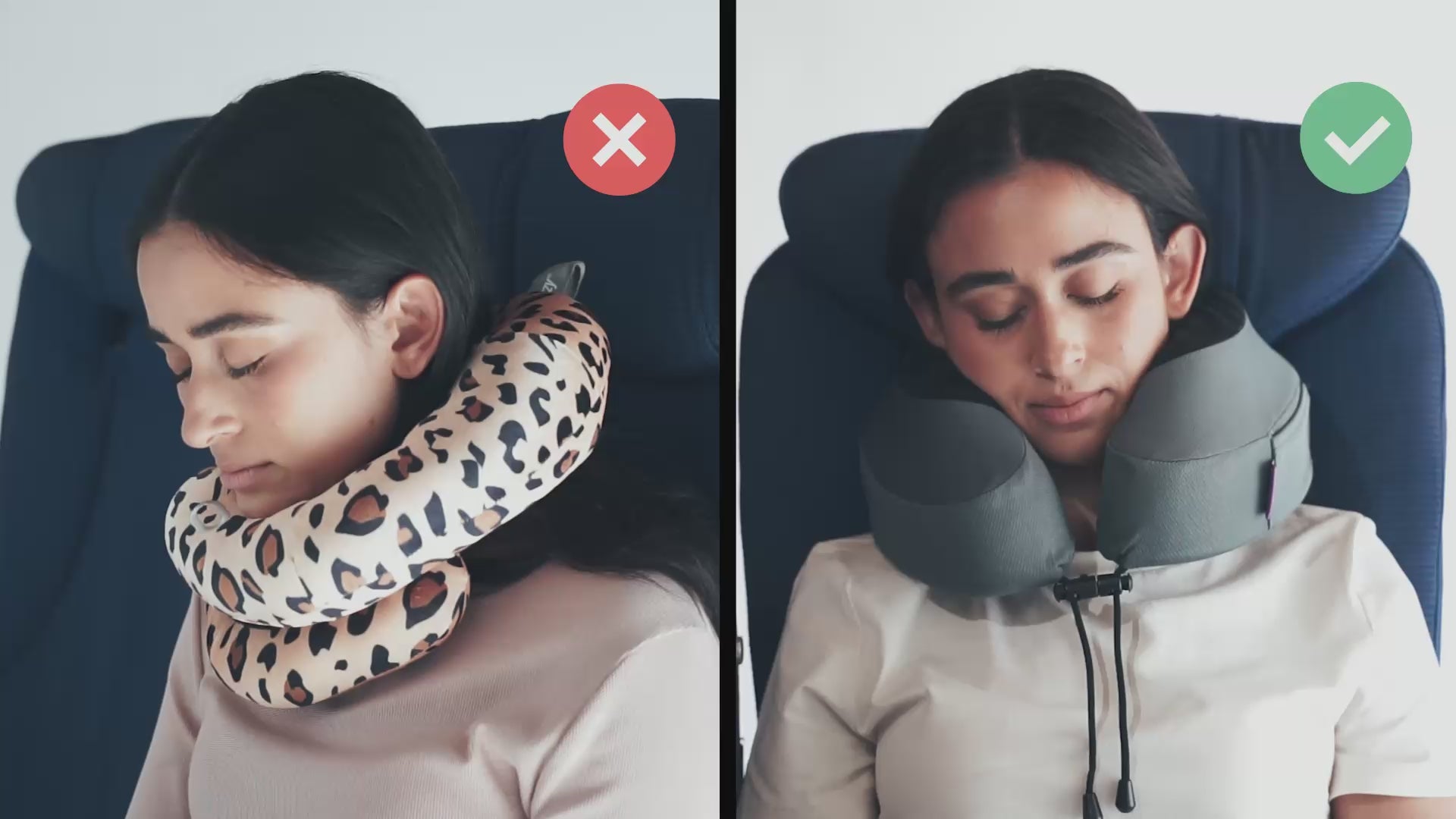 Charger la vidéo: Cabeau's Evolution S3 neck pillow showing a passenger comfortably in an airplane seat,  in contrast to competitor pillows with lack of support