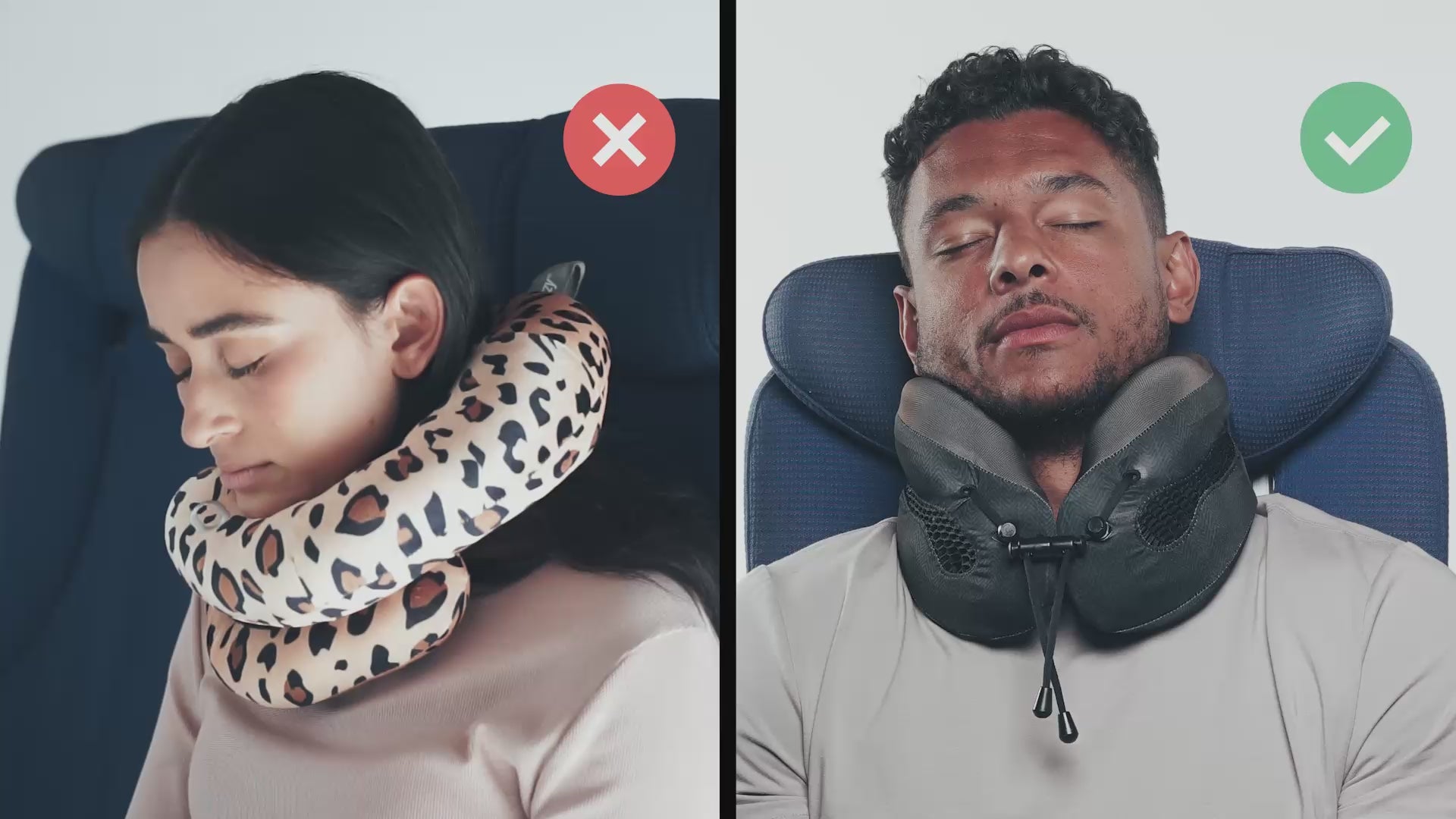 Charger la vidéo: Cabeau's Evolution Cool neck pillow showing a passenger comfortably in an airplane seat,  in contrast to competitor pillows with lack of support