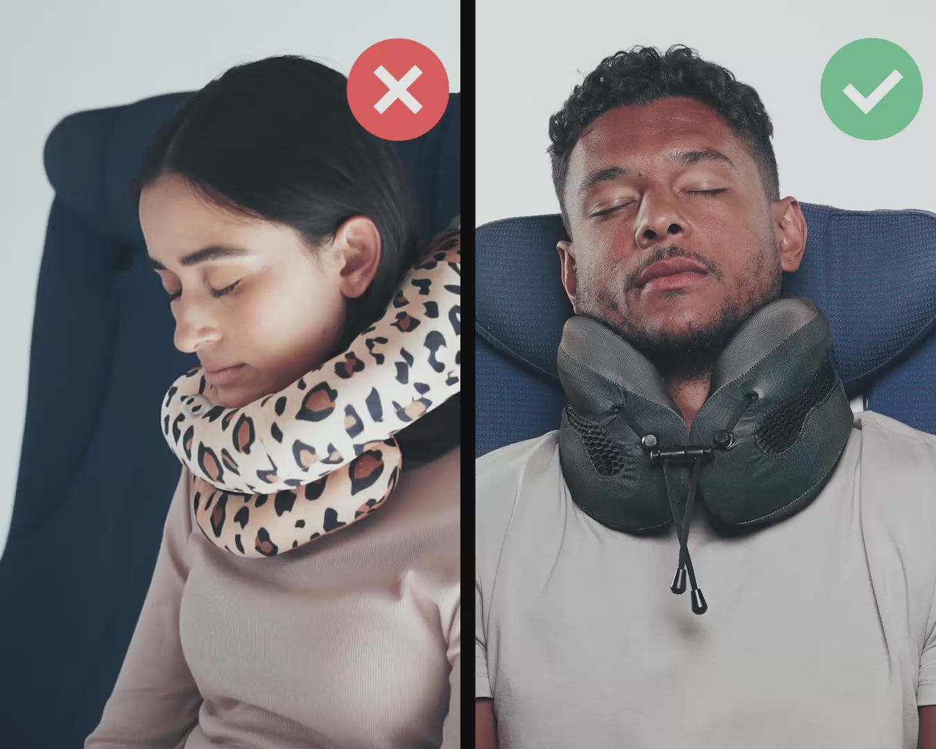 Charger la vidéo: Cabeau's Evolution Cool neck pillow showing a passenger comfortably in an airplane seat,  in contrast to competitor pillows with lack of support