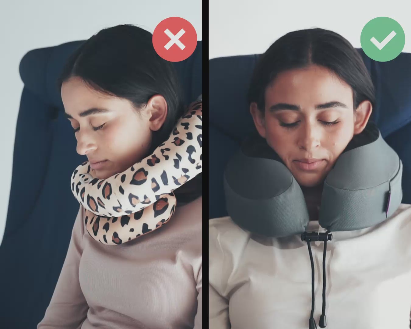 Charger la vidéo: Cabeau's Evolution S3 neck pillow showing a passenger comfortably in an airplane seat,  in contrast to competitor pillows with lack of support