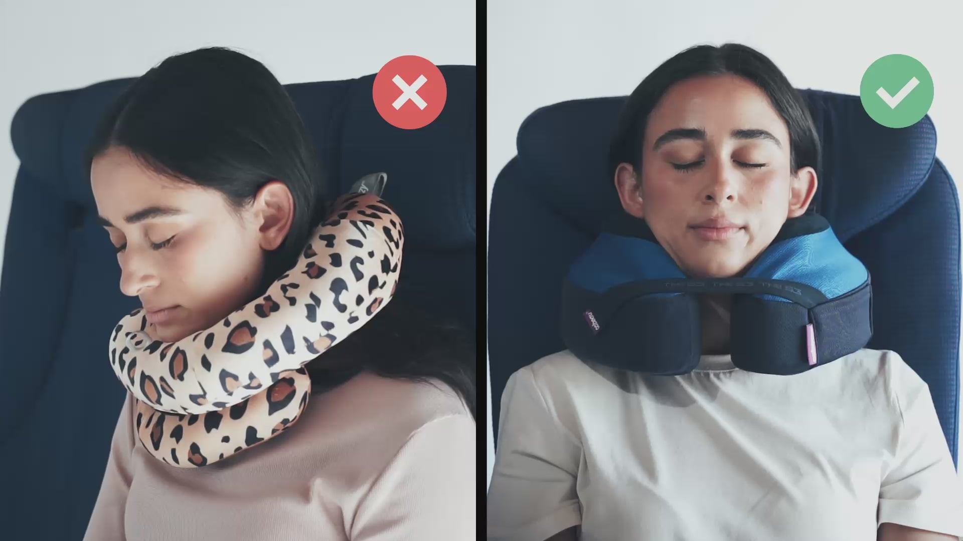 Charger la vidéo: Cabeau's TNE S3 pillow showing a passenger comfortably in an airplane seat,  in contrast to competitor pillows with lack of support